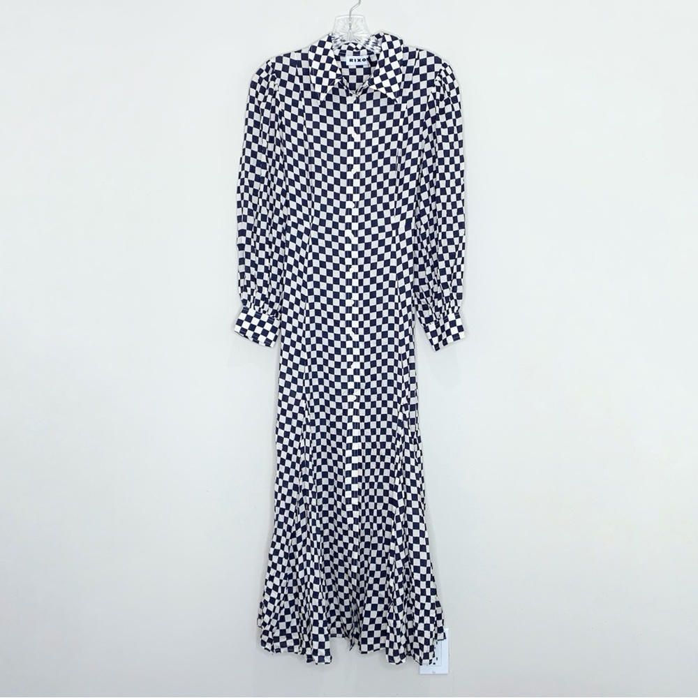 NEW RIXO Maddison Shirtdress (Sz XS) Long Sleeve Midi Navy Cream Checkerboard - Picture 4 of 16